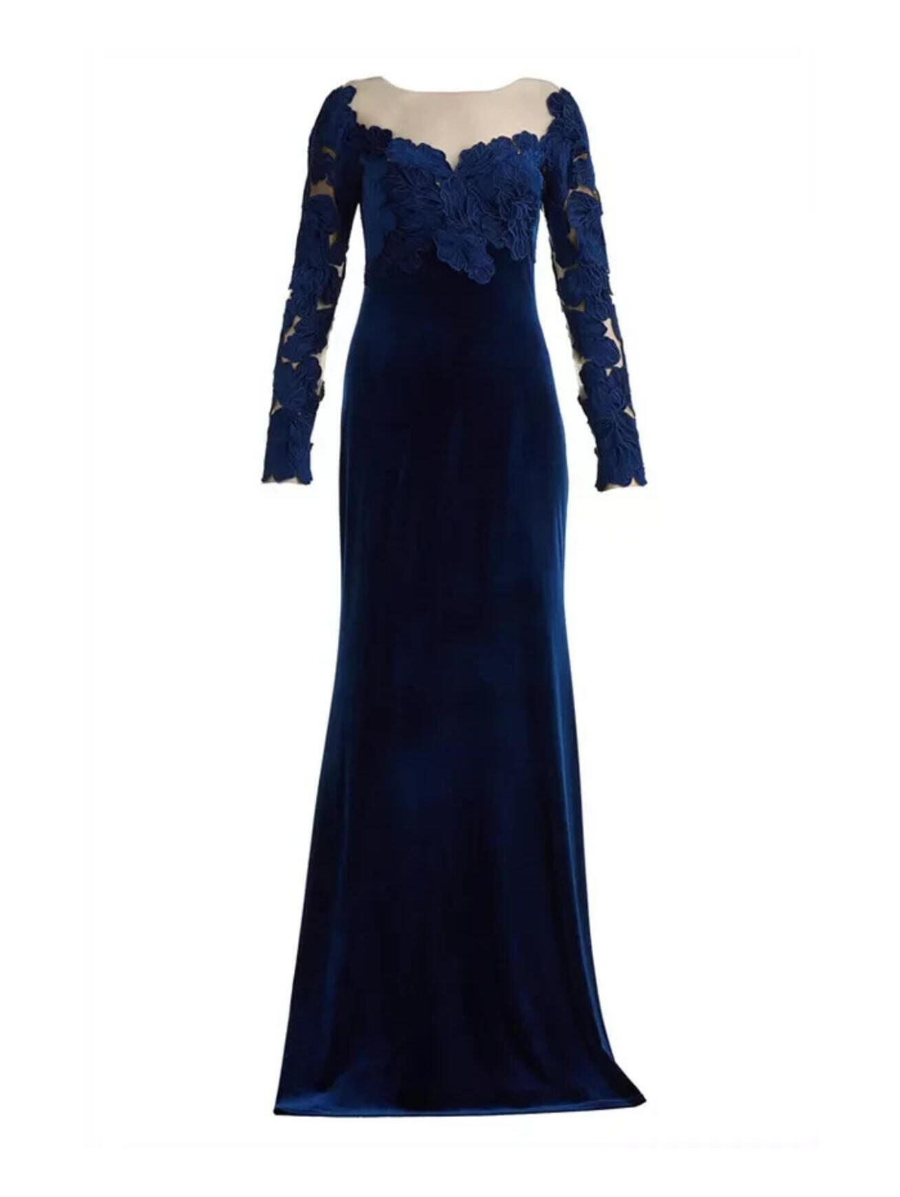 New, Tadashi Shoji Rhyne Embroidered Velvet Gown In Navy Sz 10 #Ld277